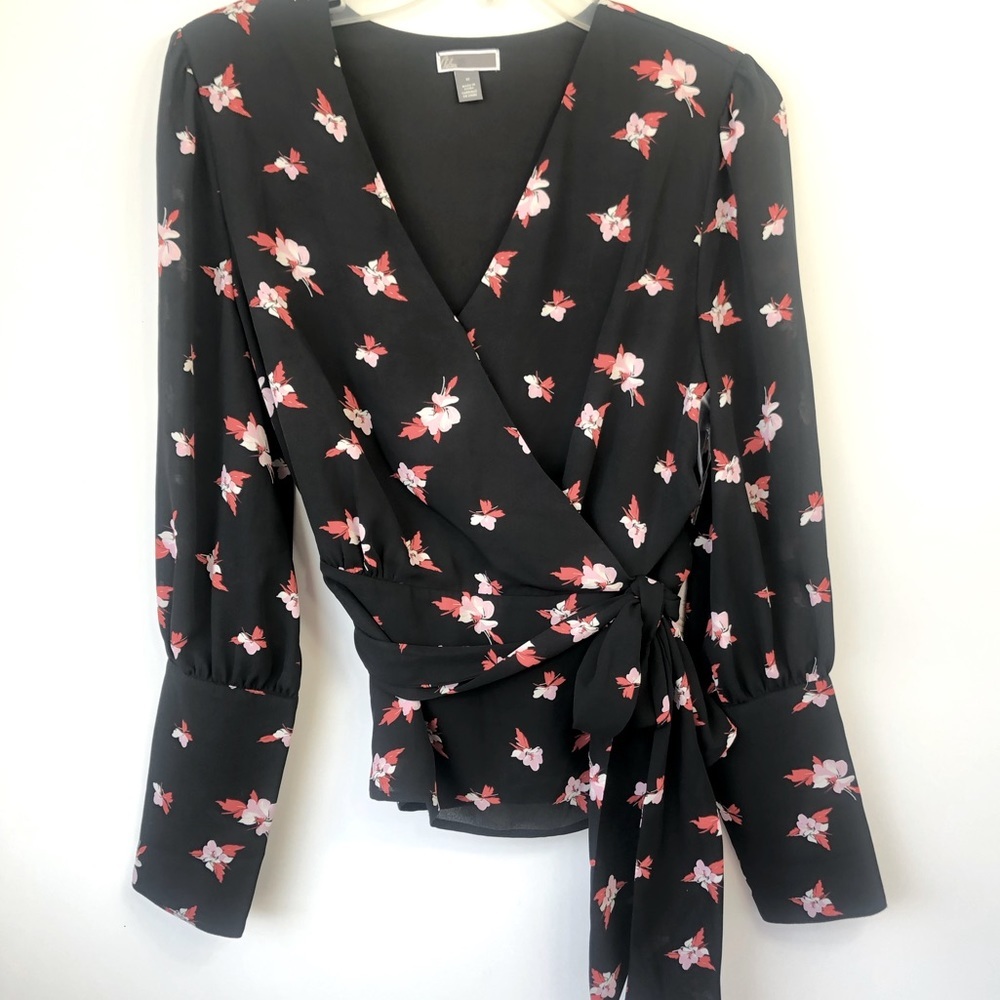 Chelsea28 Blouse Black Red Cherry Bloom Floral Top Size Medium